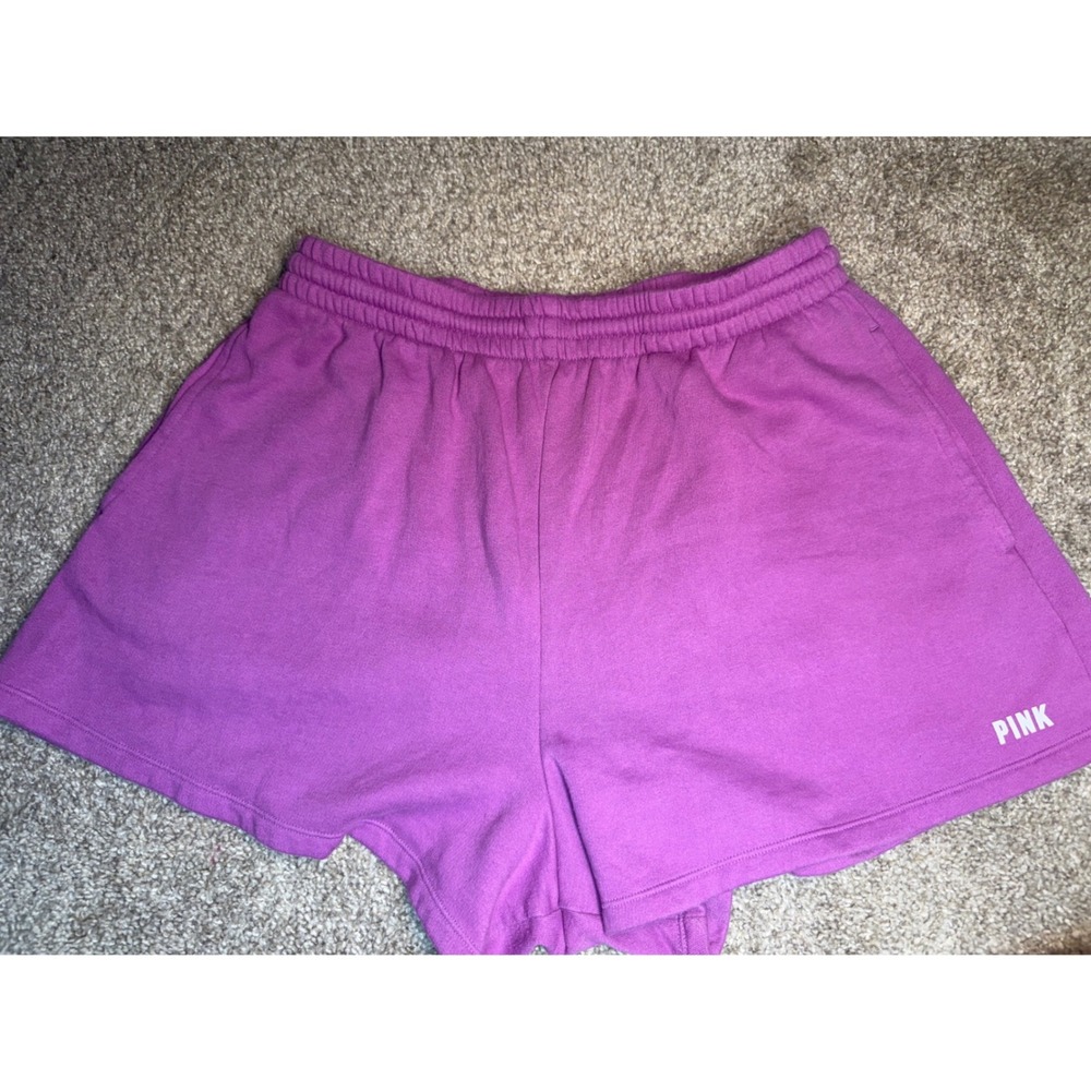 Pink Victoria's Secret Purple Fleece Lounge‎ Shorts Elastic Waist Logo Womens L